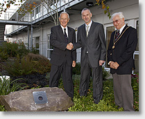 Charlie Duke, Robert Synge of Apollo Developments and Hedley Cadd, Mayor of Buckingham, with the new plaque to commemorate the launch of Apollo Office Court